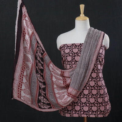 3pc Bagh Block Print Natural Dyed Cotton Suit Material Set with Chiffon Dupatta
