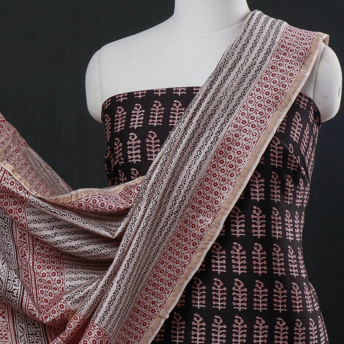 3pc Bagh Block Printed Natural Dyed Chanderi Silk Suit Material Set