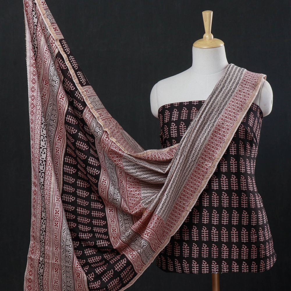 3pc Bagh Block Printed Natural Dyed Chanderi Silk Suit Material Set