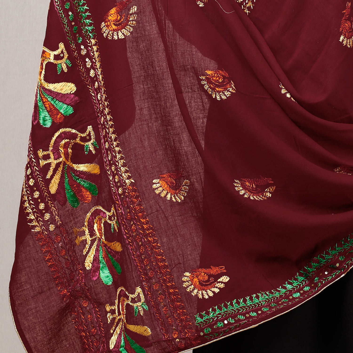 Traditional Phulkari Hand Embroidered Cotton Dupatta