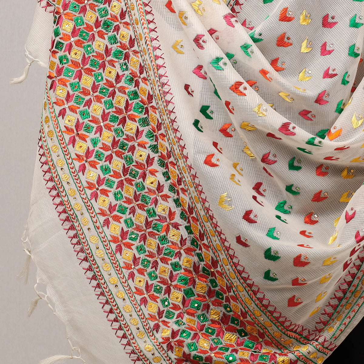 Traditional Phulkari Hand Embroidered Kota Doria Cotton Dupatta with Tassels