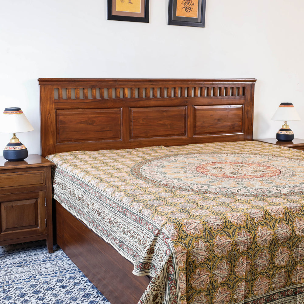 Pedana Kalamkari Block Printed Natural Dyed Cotton Double Bedcover (110 x 90 in)