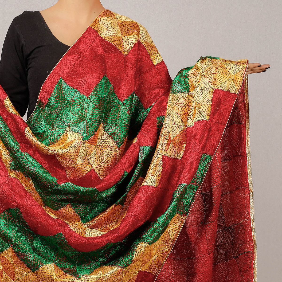 Traditional Phulkari Hand Embroidered Silk Chinon Bagh Dupatta