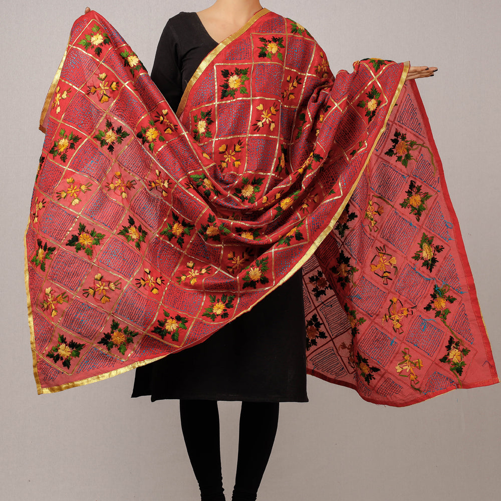 Ranihati Chanderi Silk Chapa Work Tagai Phulkari Embroidery Dupatta with Gota Patti