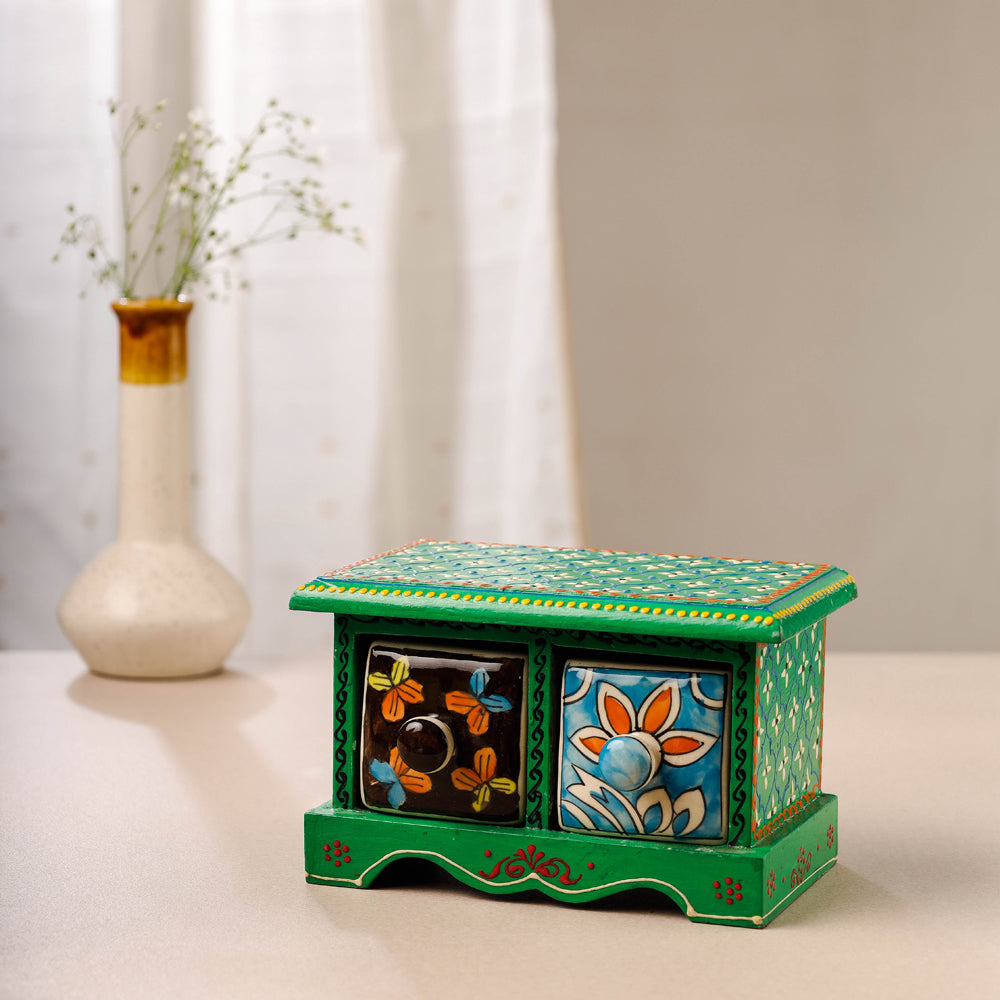 Neem Wood Hand Painted Blue Pottery Ceramic Double Drawer