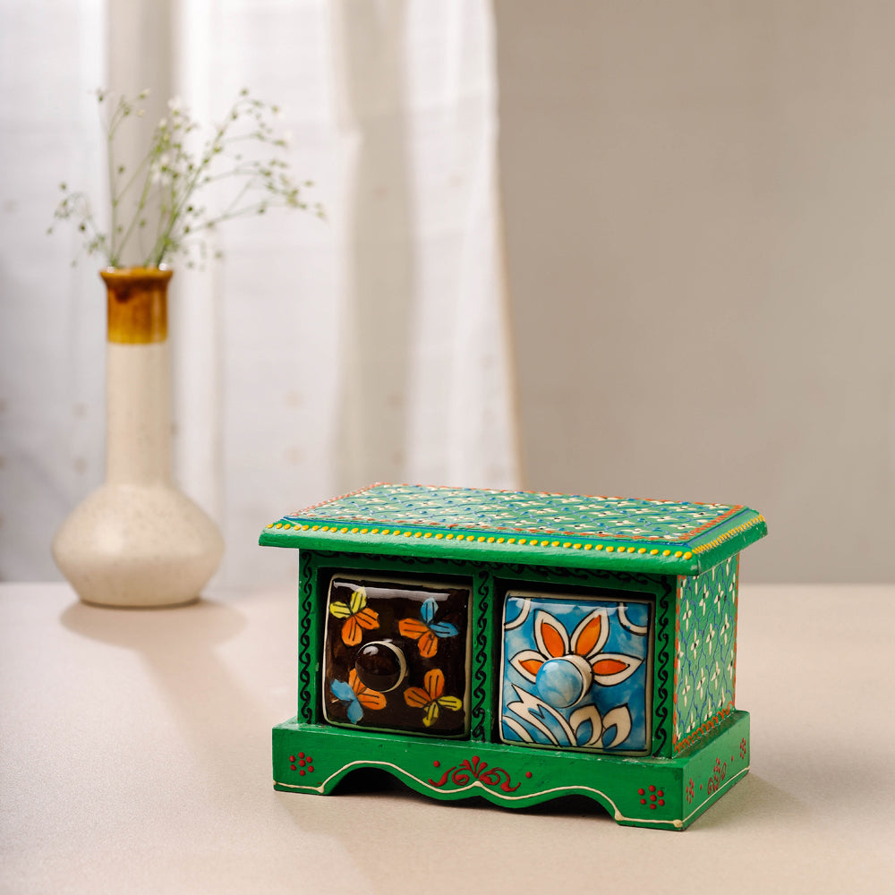 Neem Wood Hand Painted Blue Pottery Ceramic Double Drawer