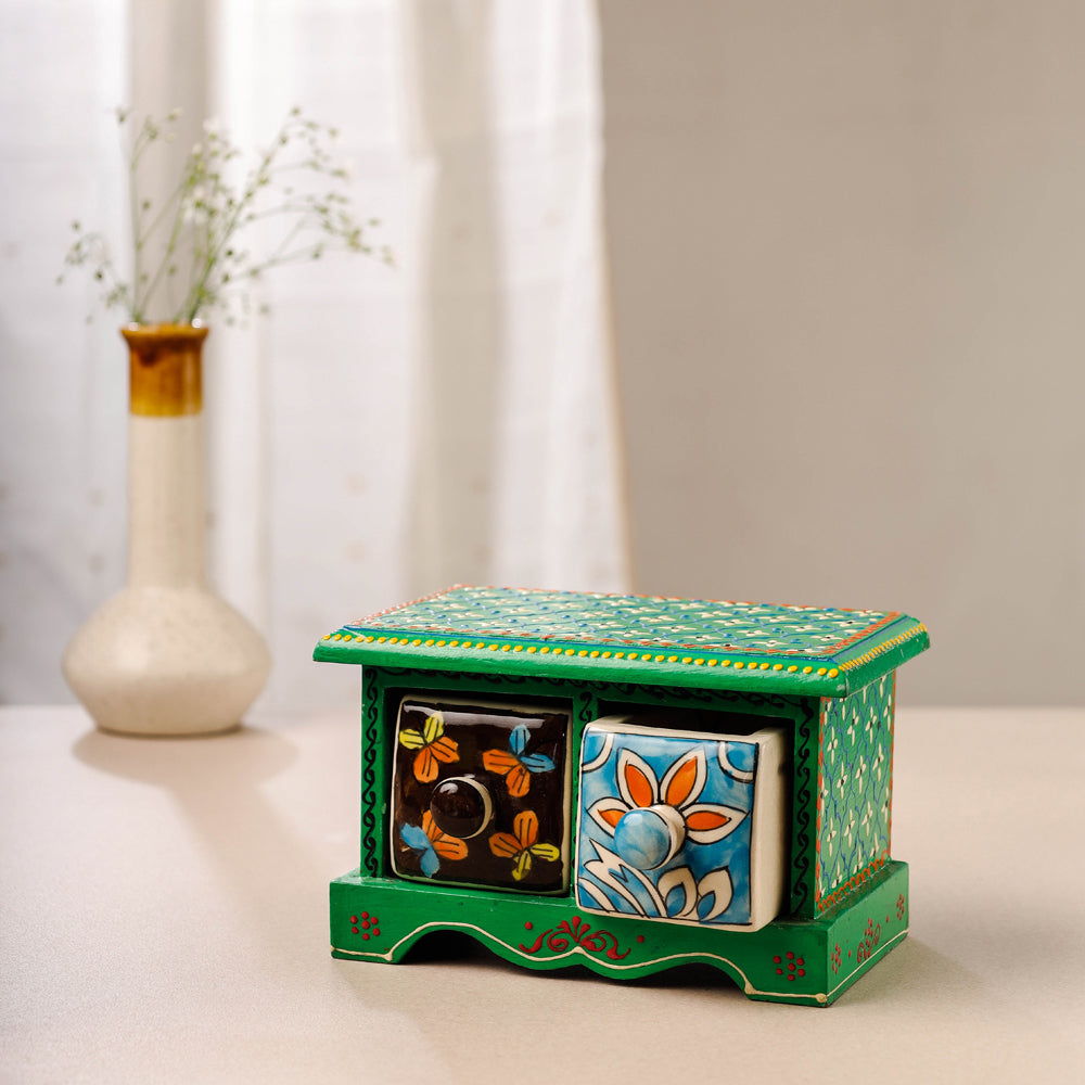 Neem Wood Hand Painted Blue Pottery Ceramic Double Drawer