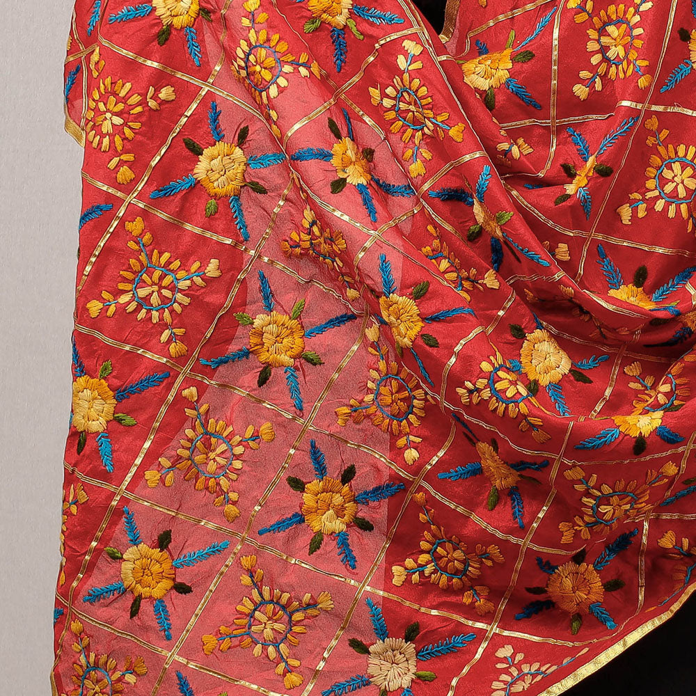 Ranihati Chanderi Silk Chapa Work Tagai Phulkari Embroidery Dupatta with Gota Patti