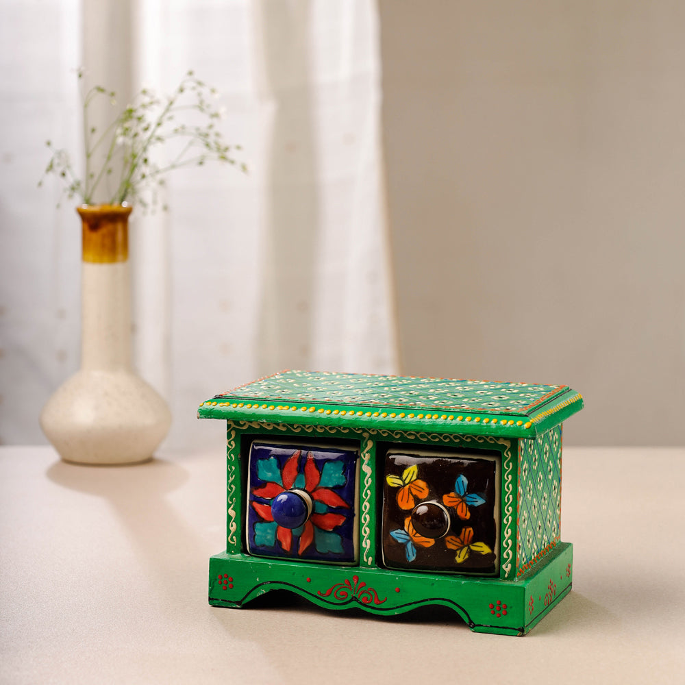 Neem Wood Hand Painted Blue Pottery Ceramic Double Drawer