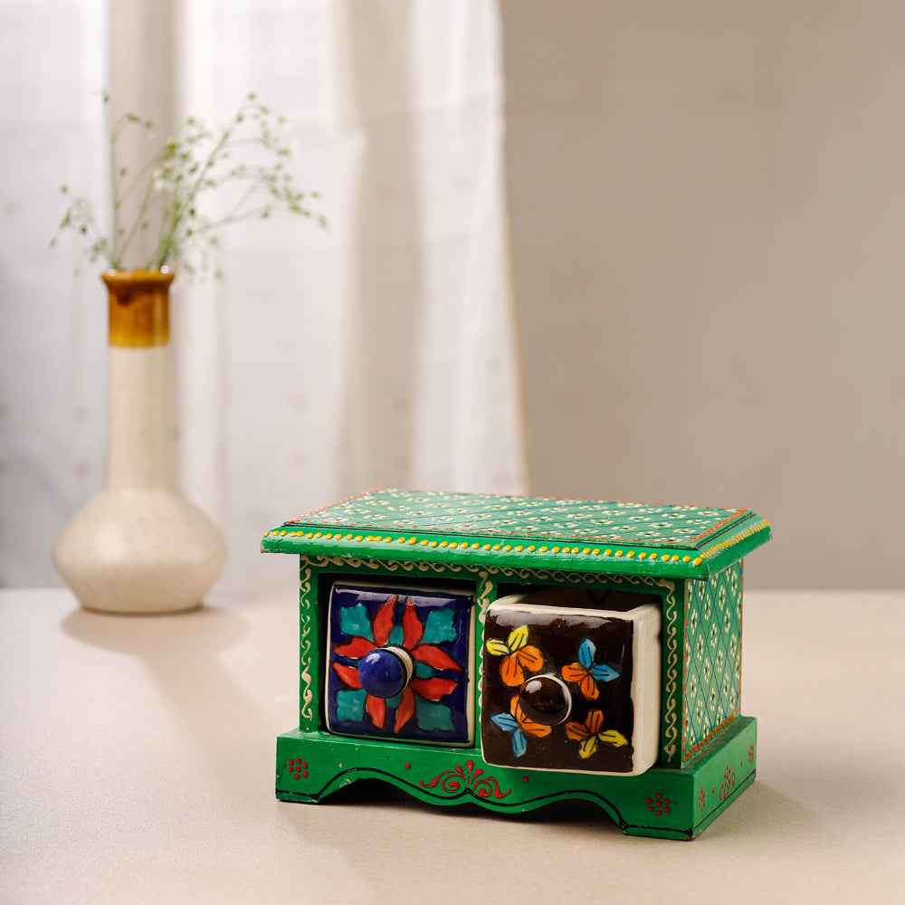 Neem Wood Hand Painted Blue Pottery Ceramic Double Drawer