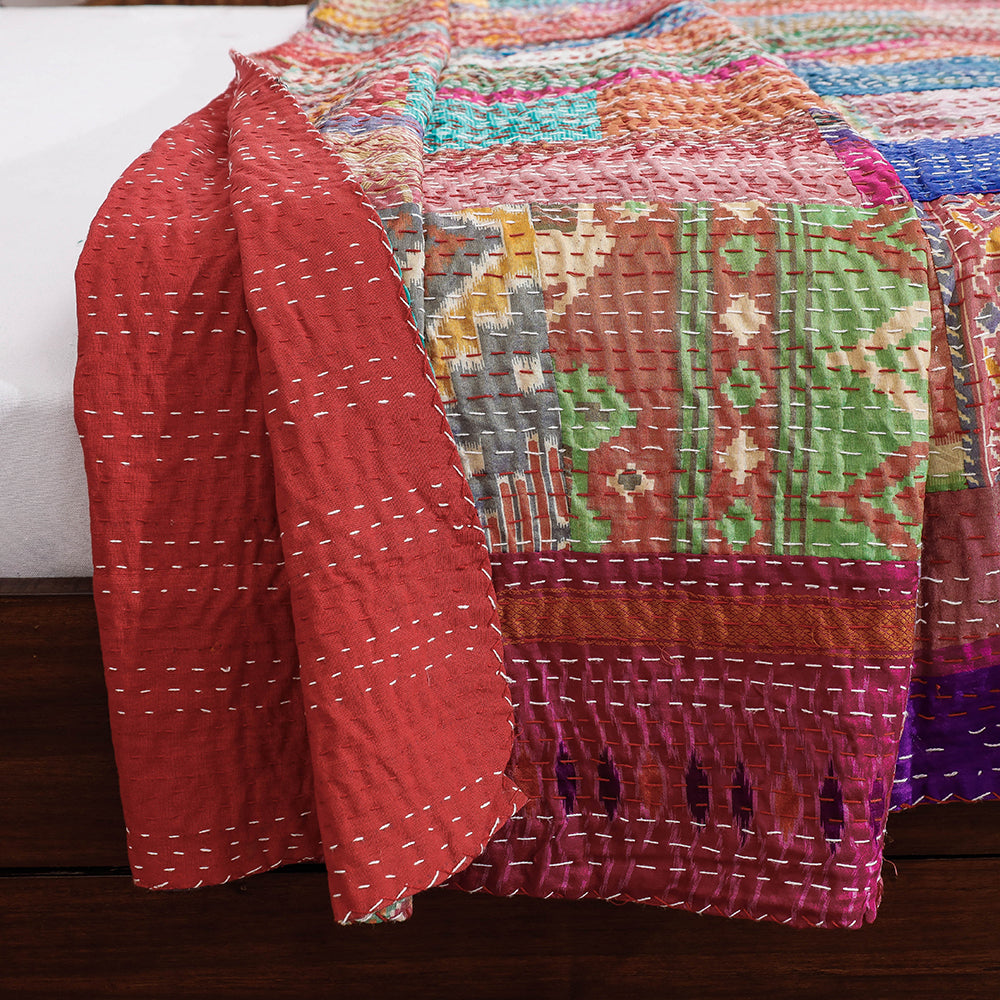 Khambadiya Patchwork Patola Silk Cotton Quilt / Gudri / Blanket (102 x 90 in)