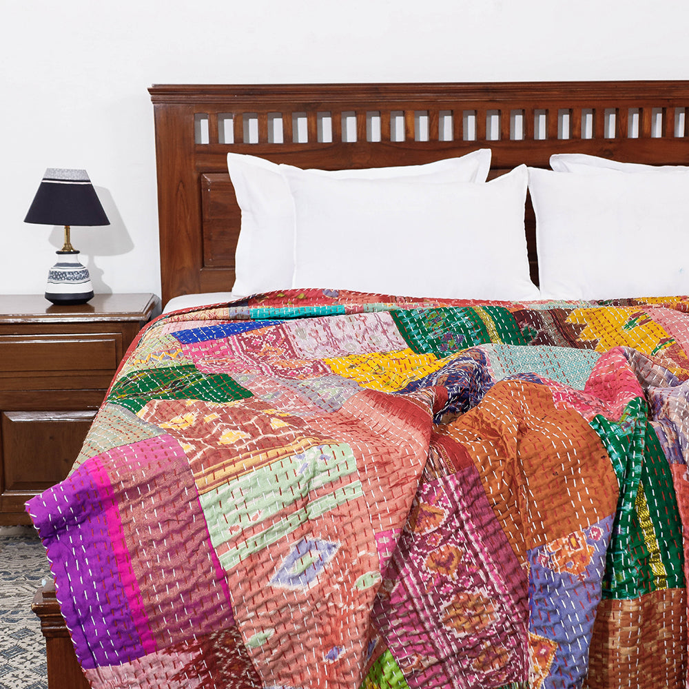 Khambadiya Patchwork Patola Silk Cotton Quilt / Gudri / Blanket (102 x 90 in)