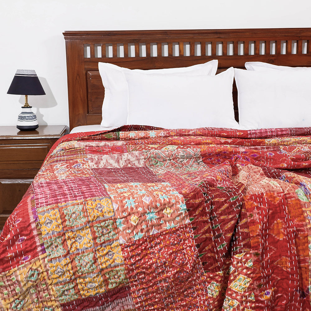 Khambadiya Patchwork Patola Silk Cotton Quilt / Gudri / Blanket (102 x 90 in)