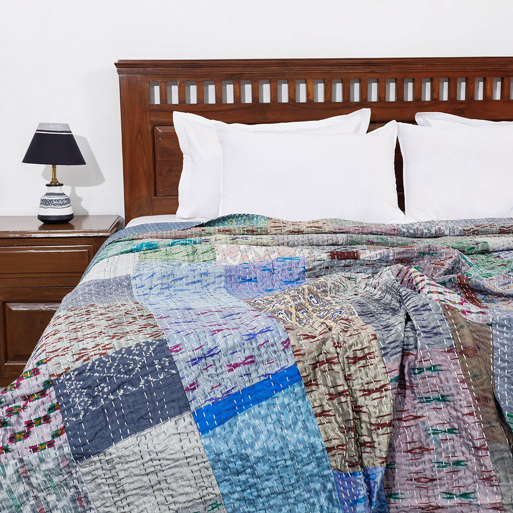 Khambadiya Patchwork Silk Cotton Quilt / Gudri / Blanket (102 x 90 in)
