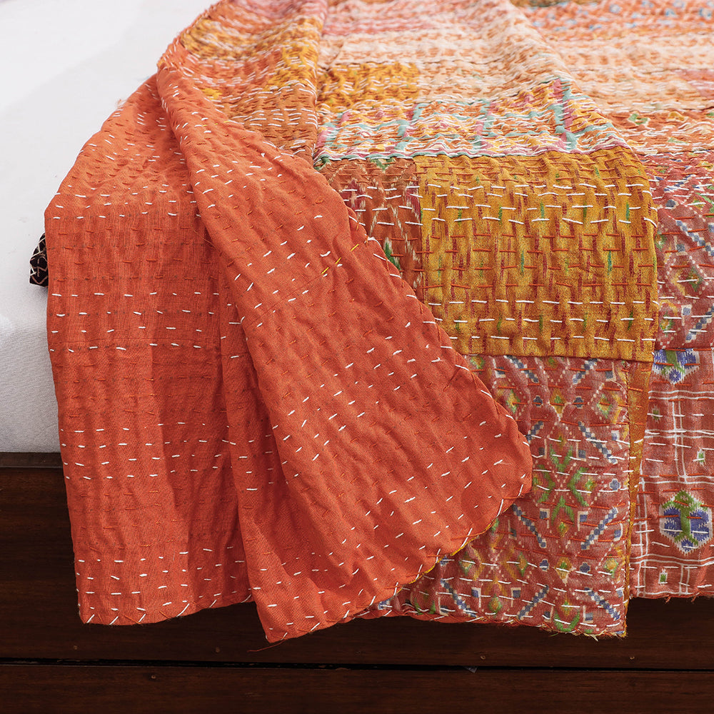 Khambadiya Patchwork Patola Silk Cotton Quilt / Gudri / Blanket (102 x 90 in)