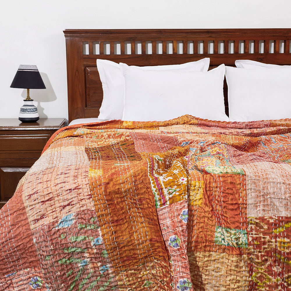 Khambadiya Patchwork Patola Silk Cotton Quilt / Gudri / Blanket (102 x 90 in)