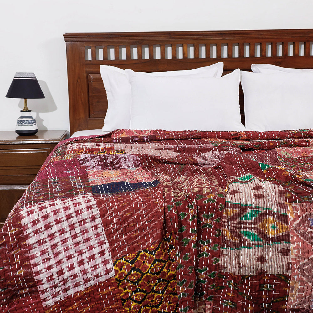 Khambadiya Patchwork Patola Silk Cotton Quilt / Gudri / Blanket (102 x 90 in)