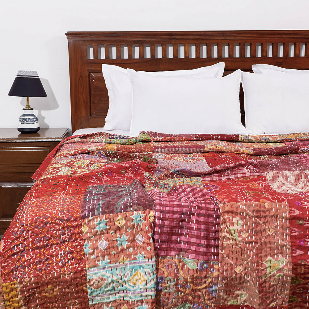 Khambadiya Patchwork Patola Silk Cotton Quilt / Gudri / Blanket (102 x 90 in)