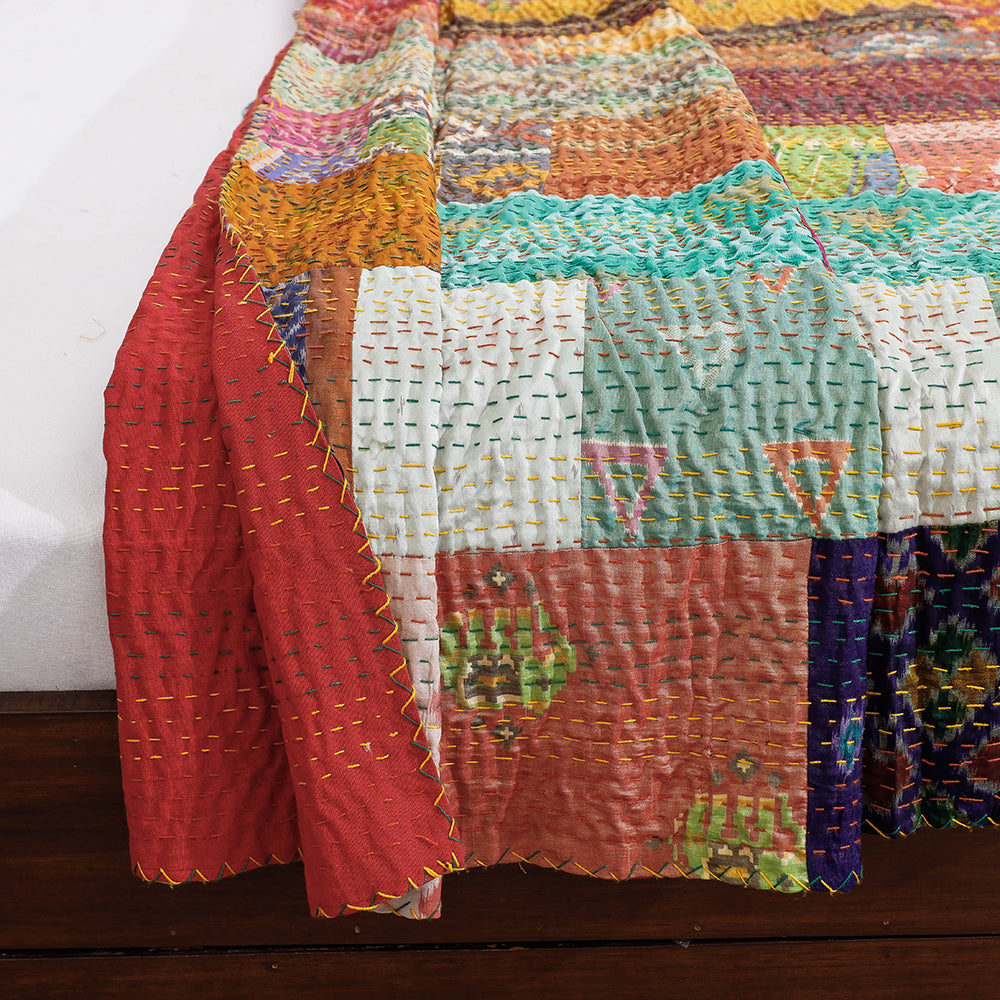 Khambadiya Patchwork Patola Silk Cotton Quilt / Gudri / Blanket (102 x 90 in)