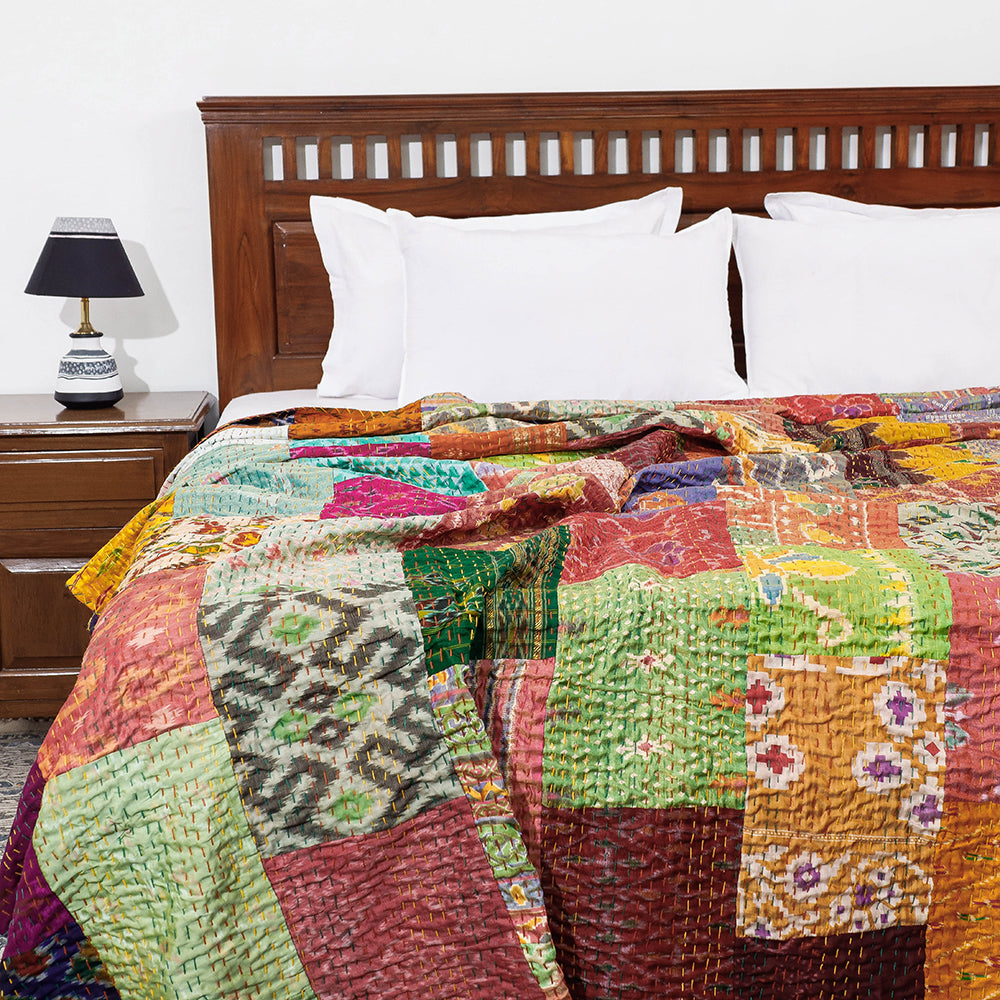 Khambadiya Patchwork Patola Silk Cotton Quilt / Gudri / Blanket (102 x 90 in)