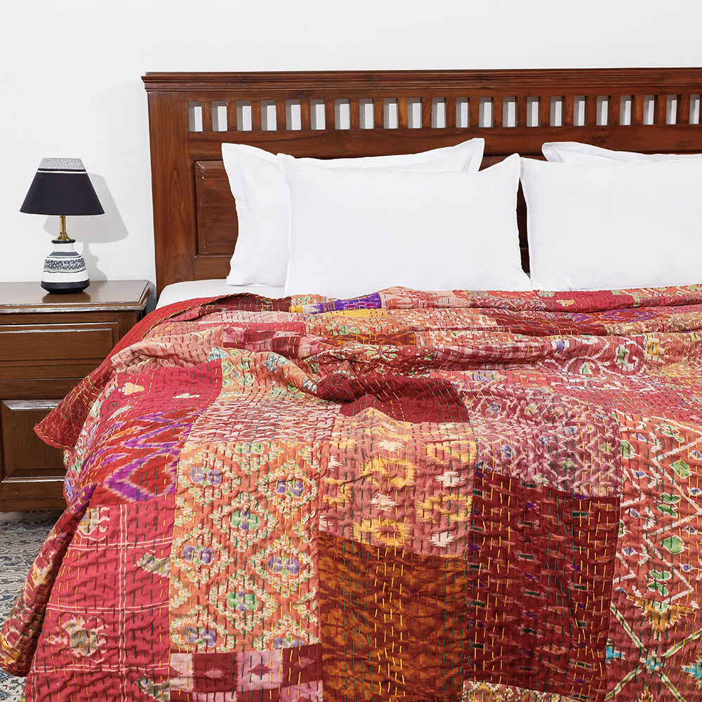 Khambadiya Patchwork Patola Silk Cotton Quilt / Gudri / Blanket (102 x 90 in)