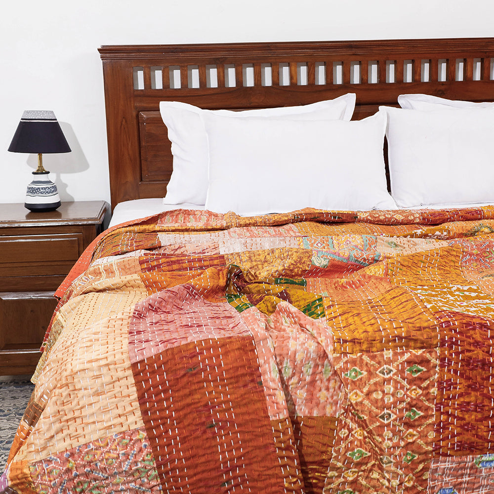 Khambadiya Patchwork Patola Silk Cotton Quilt / Gudri / Blanket (102 x 90 in)
