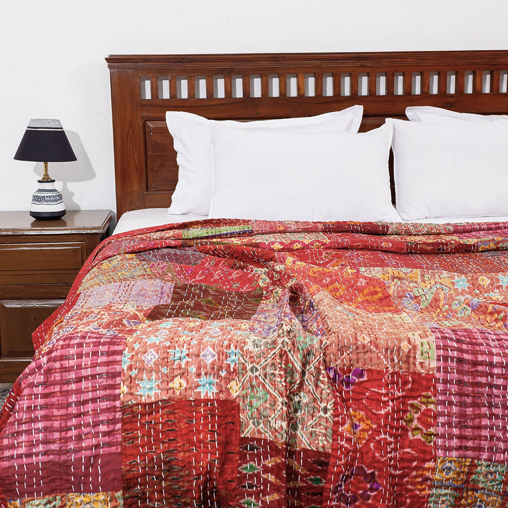 Khambadiya Patchwork Silk Cotton Quilt / Gudri / Blanket (102 x 90 in)