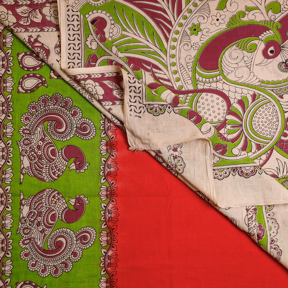Kalamkari Printed Pure Cotton Plain Body Saree with Blouse