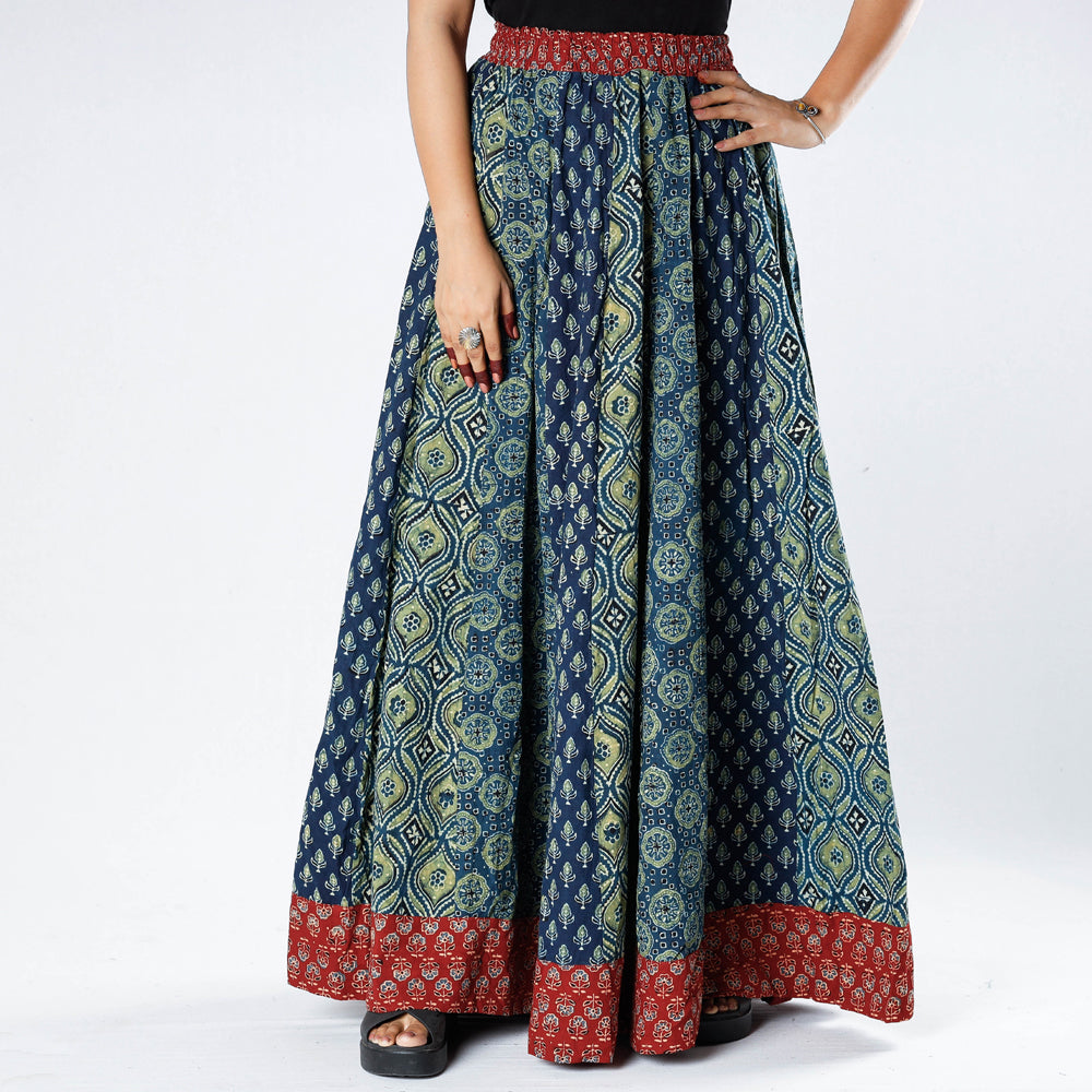 24 Kali Ajrakh Block Printed Patchwork Cotton Long Skirt