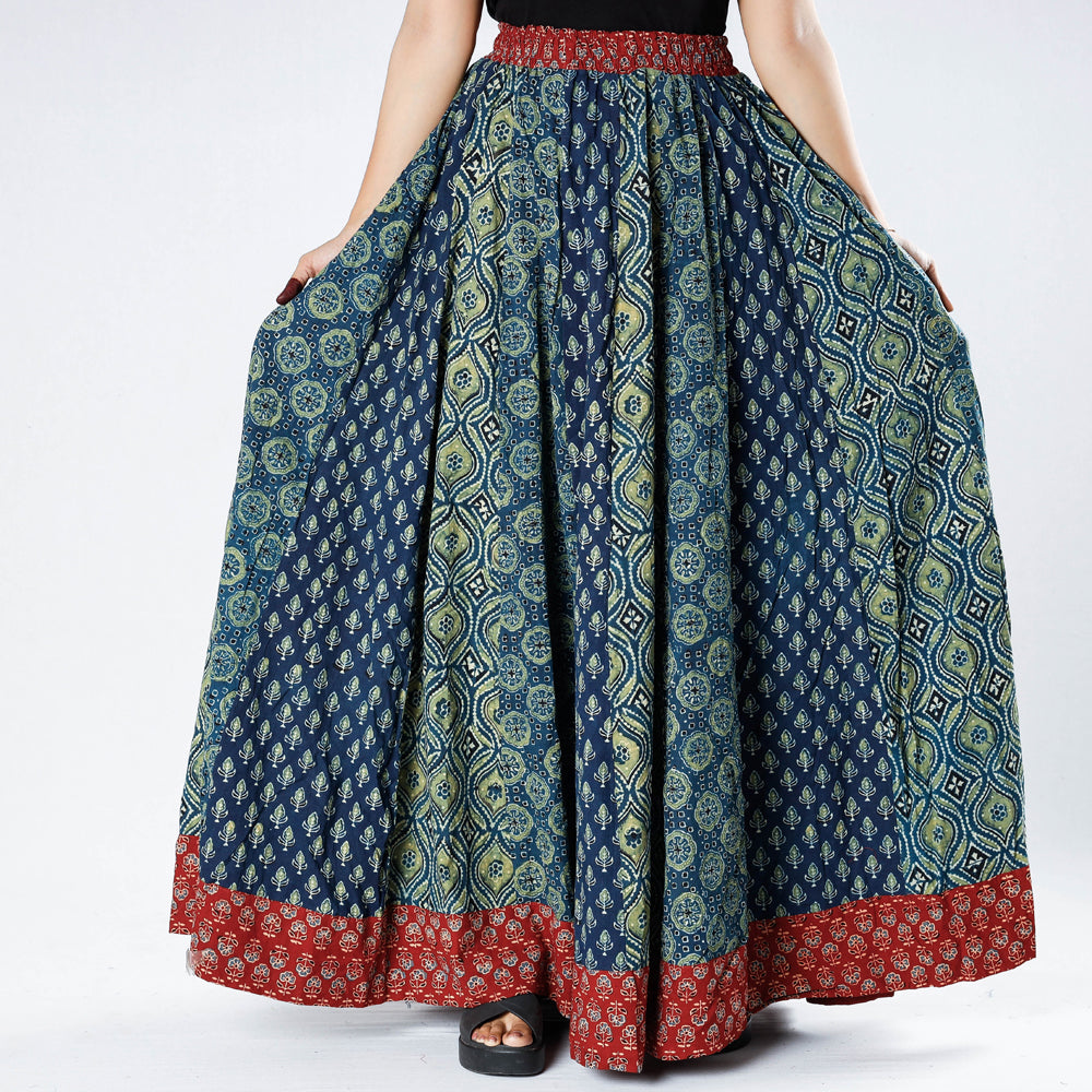 24 Kali Ajrakh Block Printed Patchwork Cotton Long Skirt