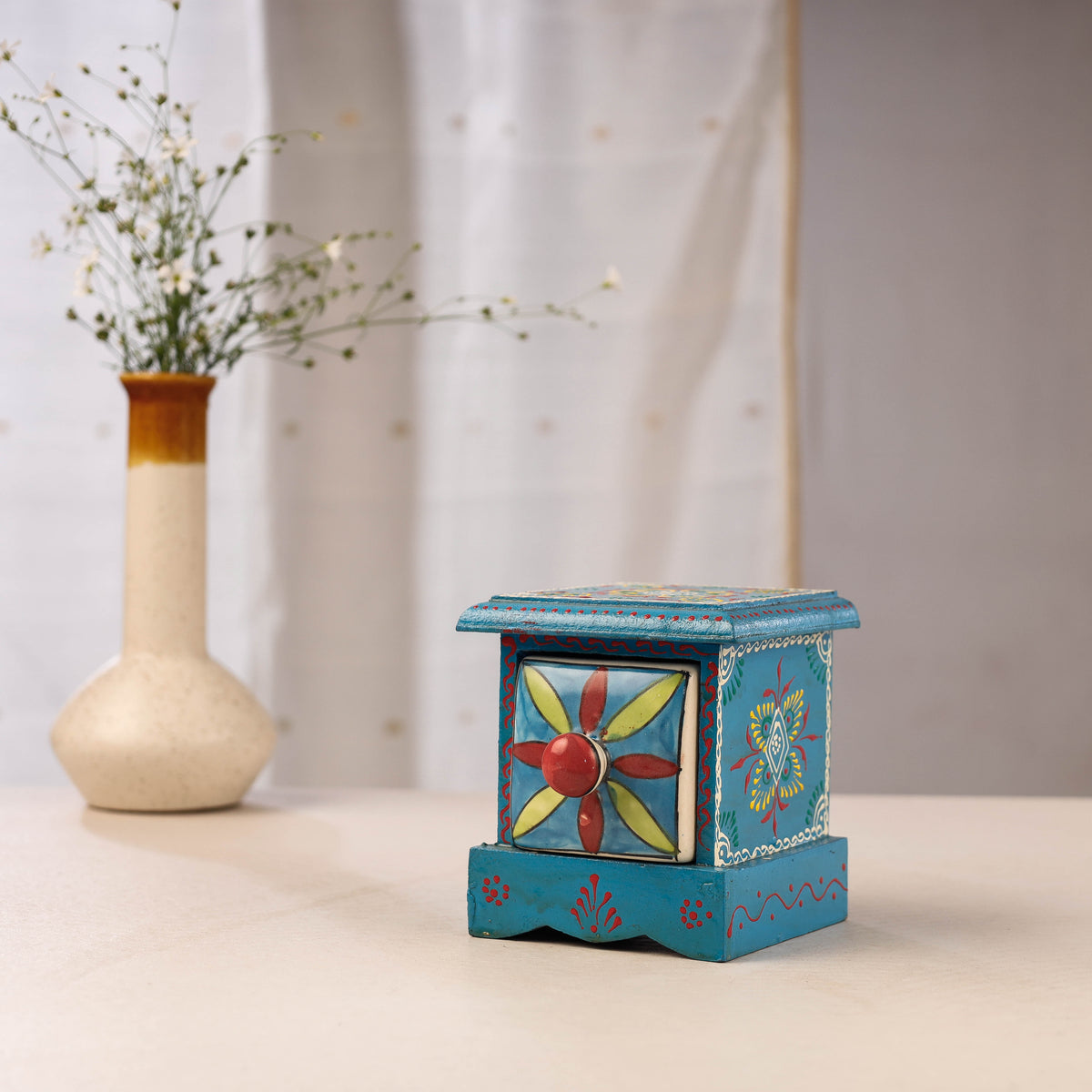 Neem Wood Hand Painted Blue Pottery Ceramic Single Drawer