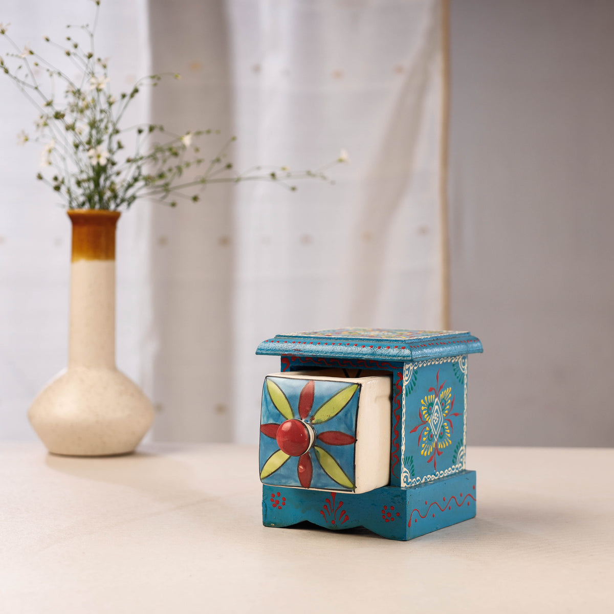 Neem Wood Hand Painted Blue Pottery Ceramic Single Drawer