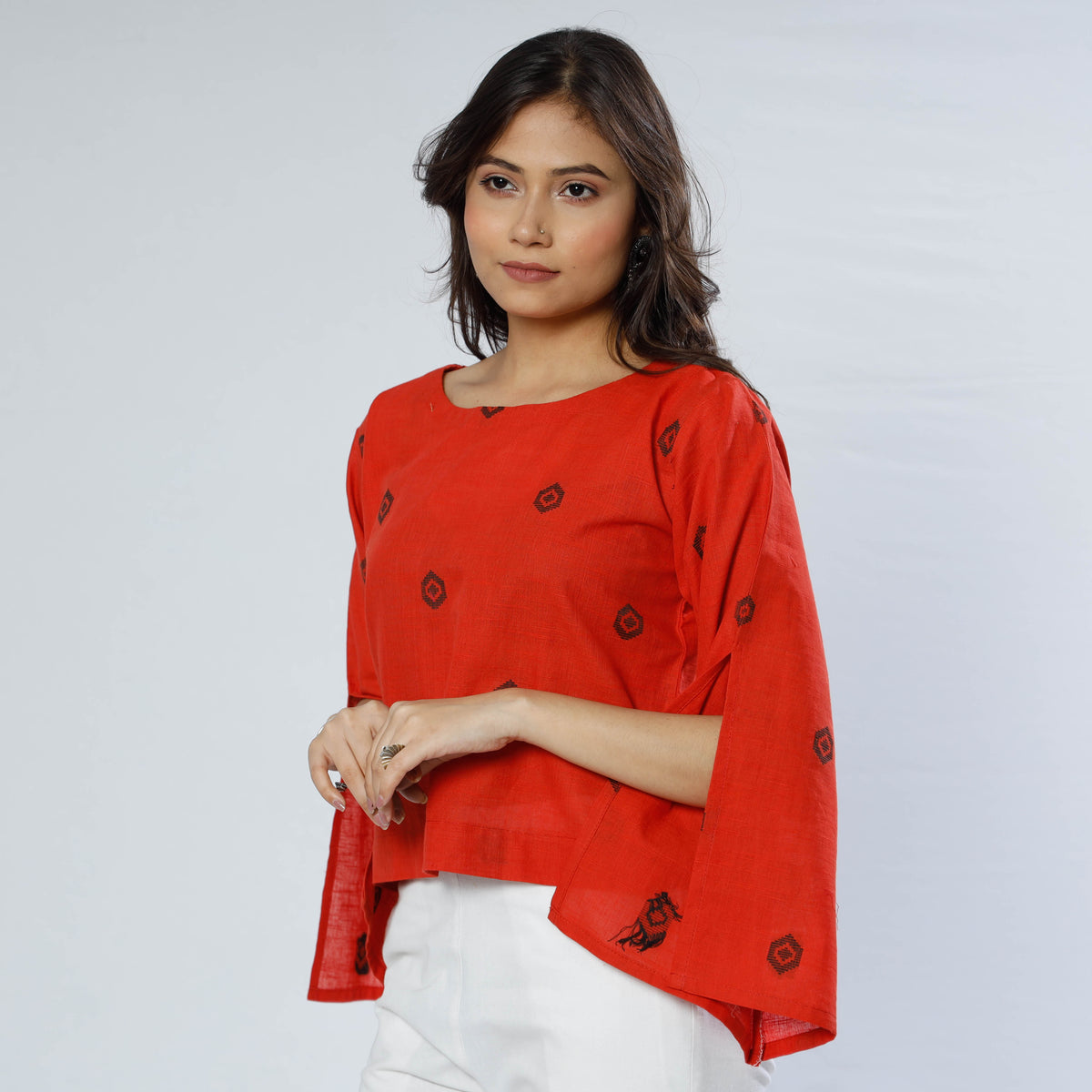 Crimson Red Jacquard Cotton Crop Top by iTokri Casuals