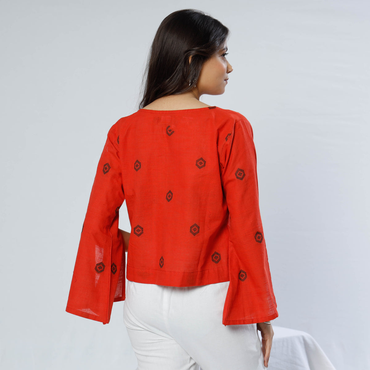 Crimson Red Jacquard Cotton Crop Top by iTokri Casuals