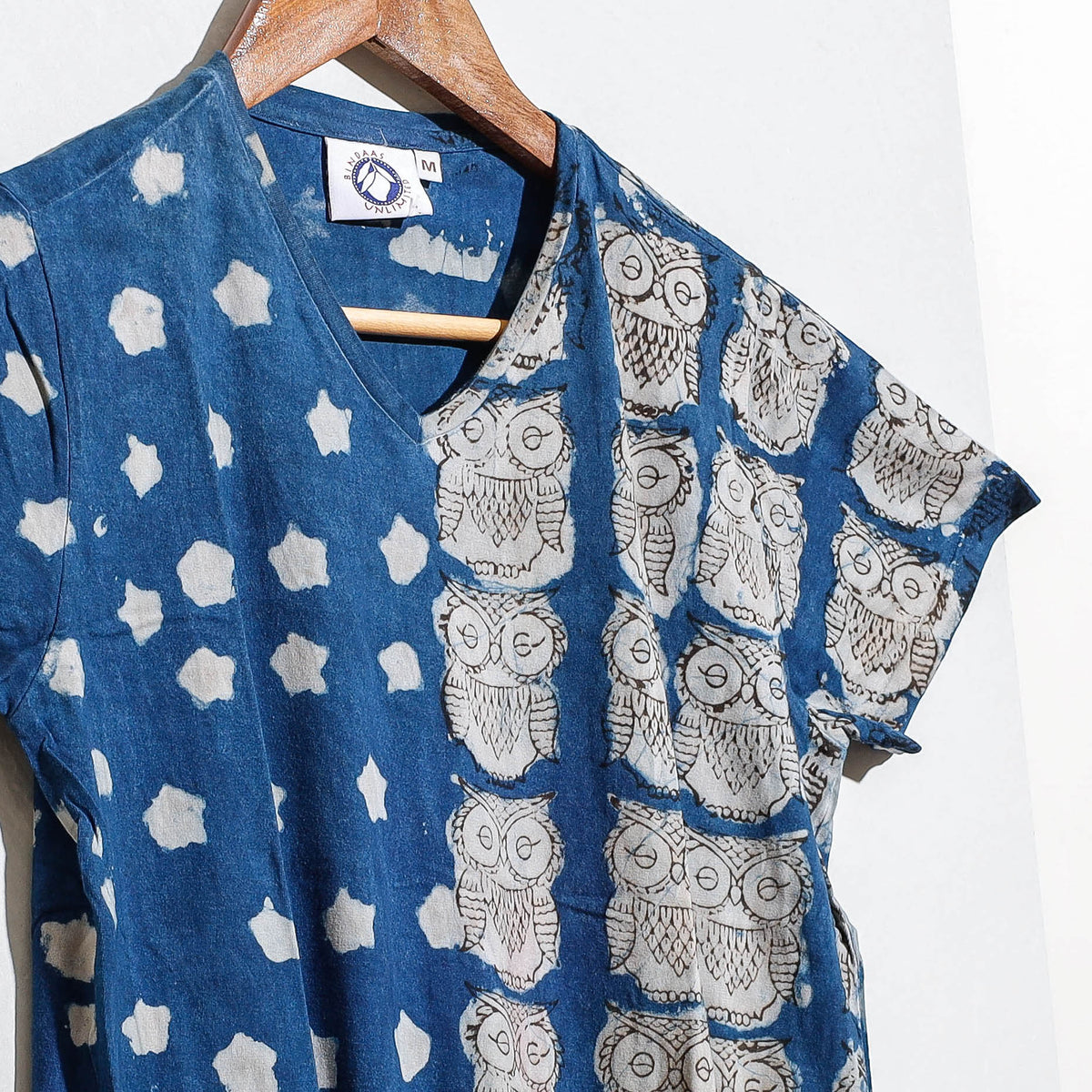 Bindaas Natural Dyed Art Block Print Women V Neck T-shirt in Pure Cotton