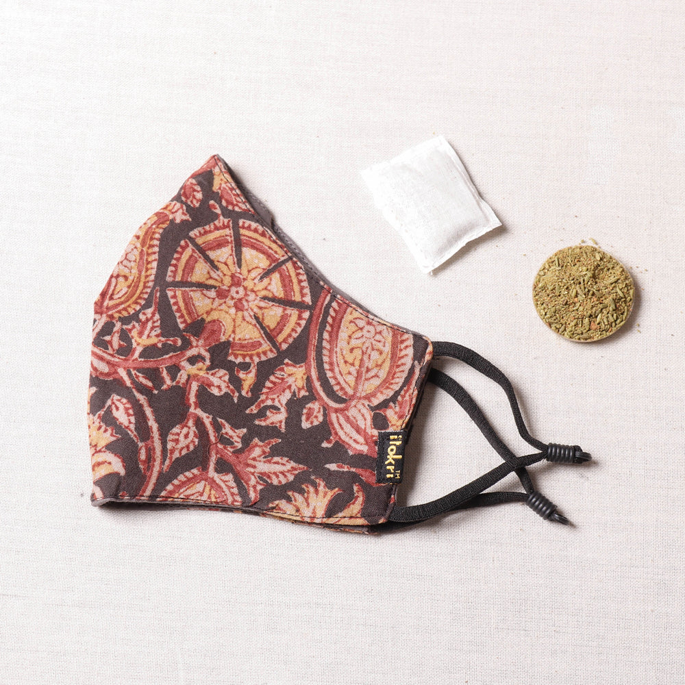 Herb Pocket Kalamkari Block Print Cotton 3 Layer Snug Fit Face Cover
