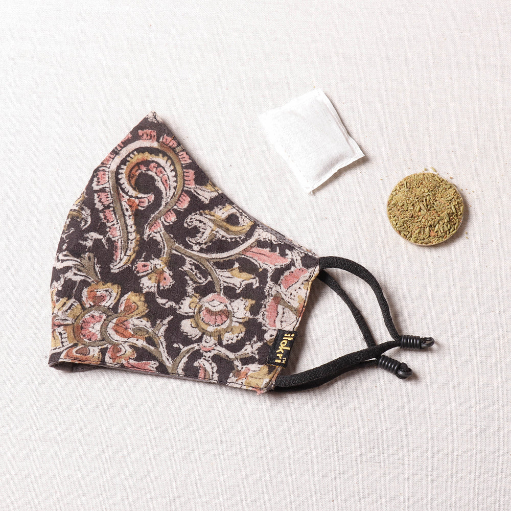 Herb Pocket Kalamkari Block Print Cotton 3 Layer Snug Fit Face Cover