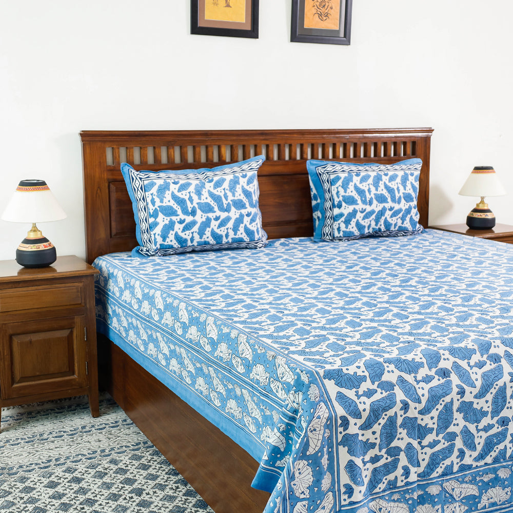 Sanganeri Block Printing Cotton Double Bed Cover with Pillow Covers (108 x 87 in)