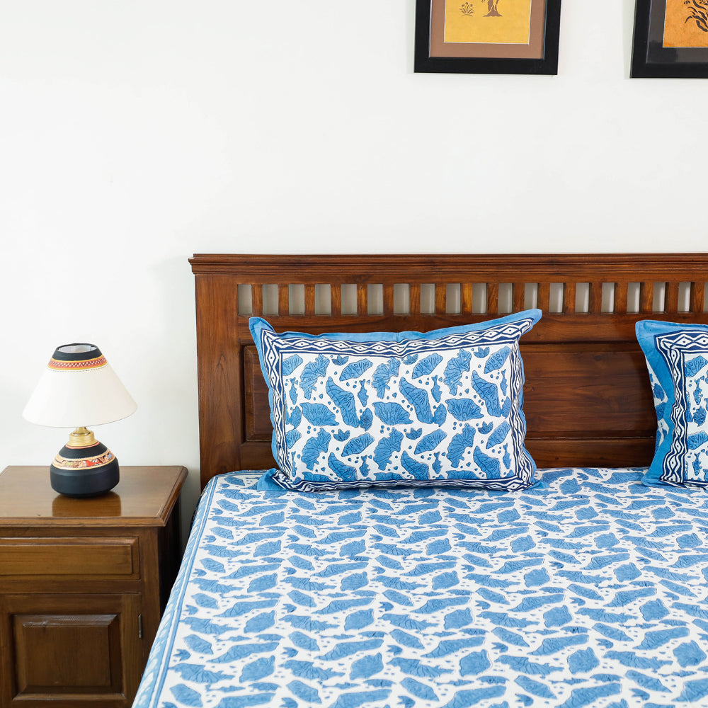 Sanganeri Block Printing Cotton Double Bed Cover with Pillow Covers (108 x 87 in)