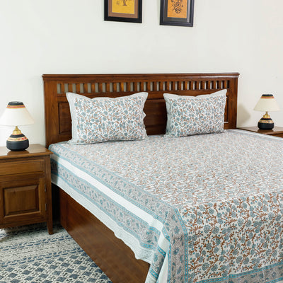 Sanganeri Block Printed Cotton Double Bed Cover with Pillow Covers (108 x 87 in)