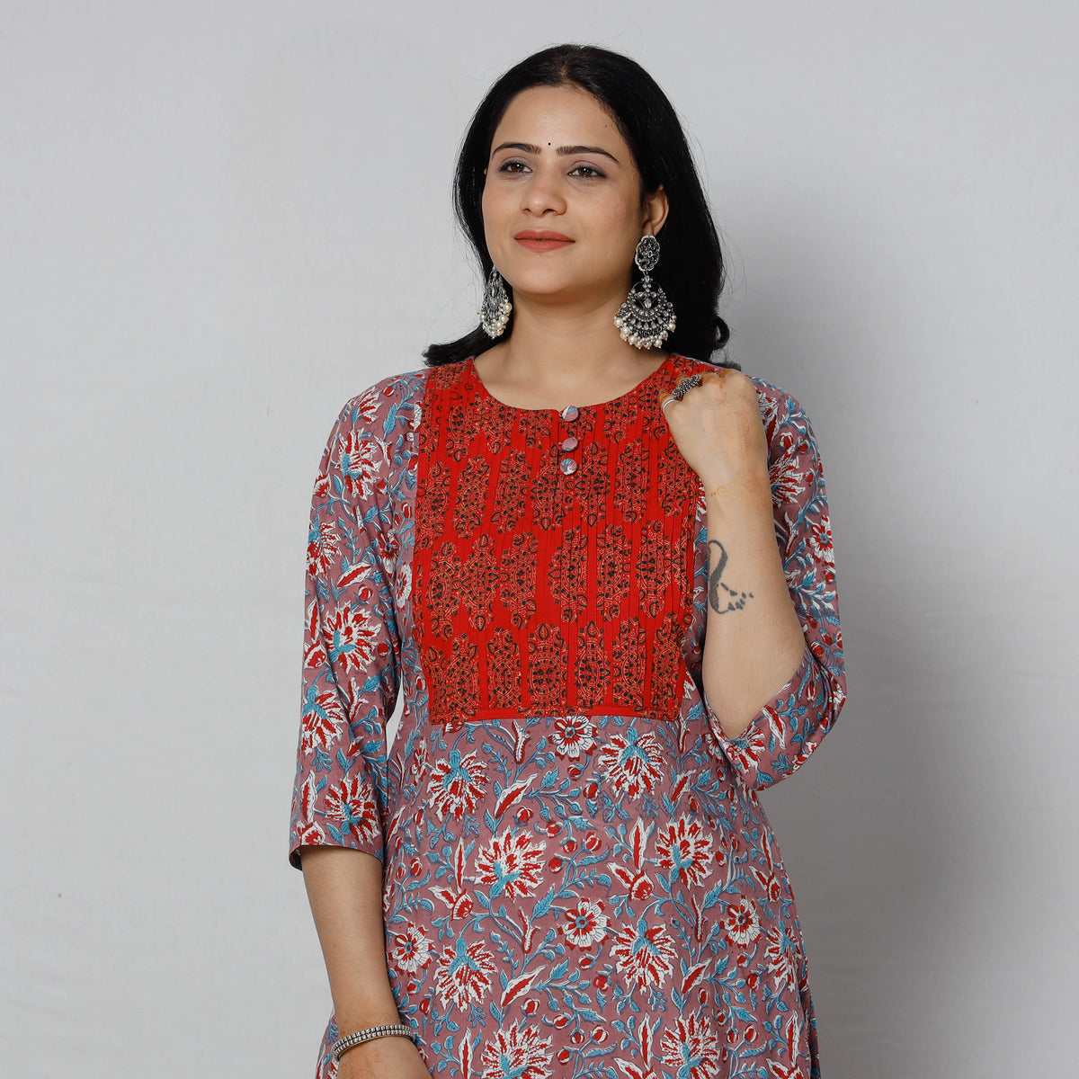 Pintuck Sanganeri Block Printing Cotton Long Kurti
