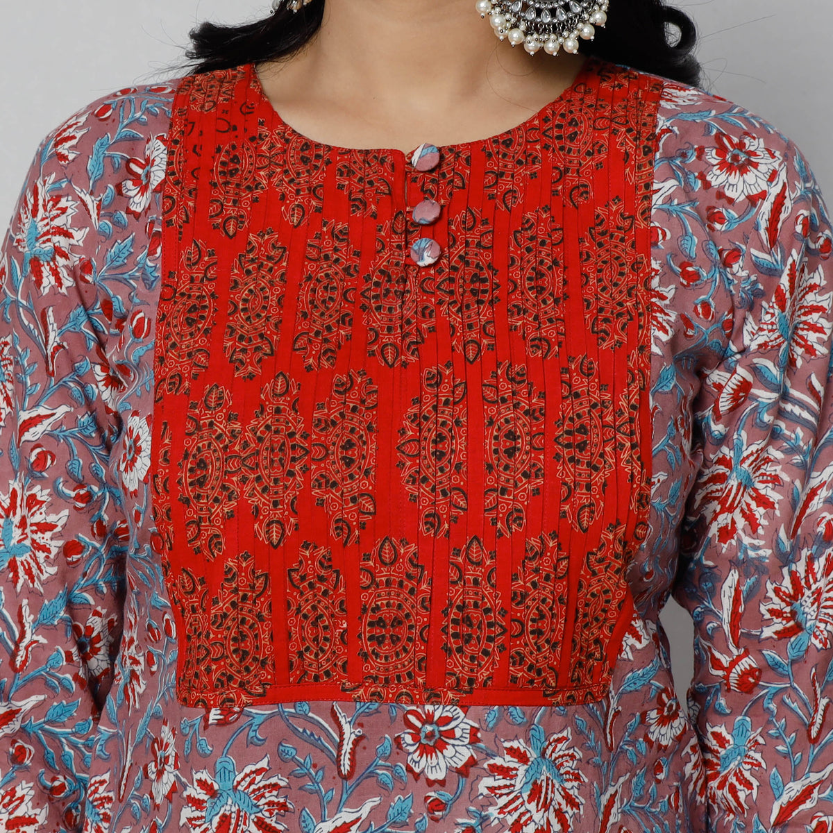 Pintuck Sanganeri Block Printing Cotton Long Kurti