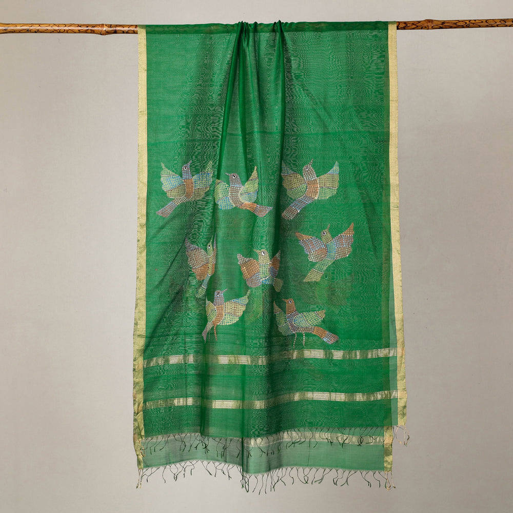 Original Gond Handpainted Handloom Maheshwari Silk Zari Work Dupatta with Tassels