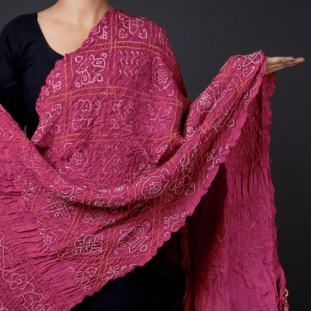 Modal Silk  Special kutchi  Bandhani  Tie - Dye Zari Checks Dupatta with Zari Border