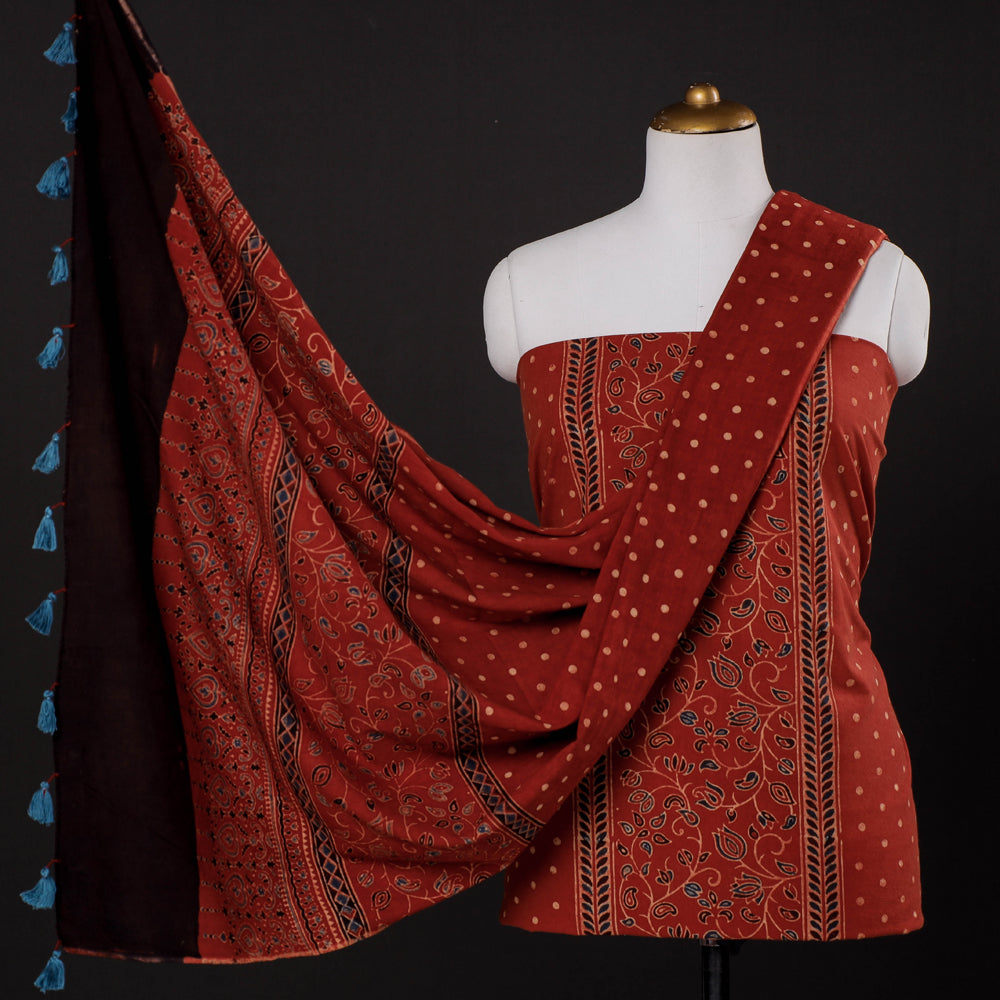 3pc Ajrakh Block Printed Cotton Suit Material Set