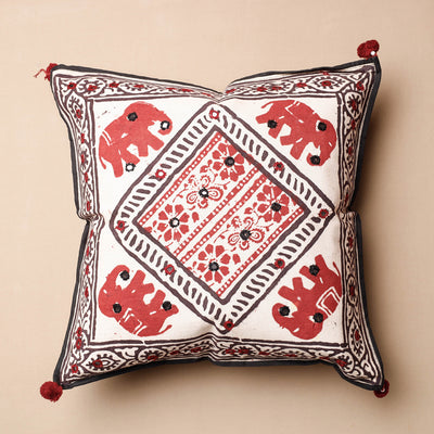Mirror Work Kutch Hand Block Printed Cotton Cushion Cover (16 x 16 in)