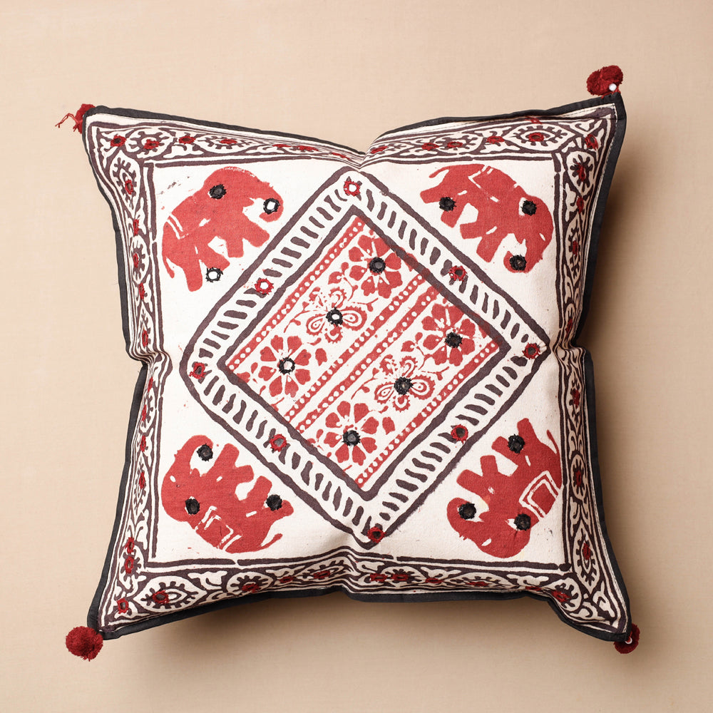 Mirror Work Kutch Hand Block Printed Cotton Cushion Cover (16 x 16 in)