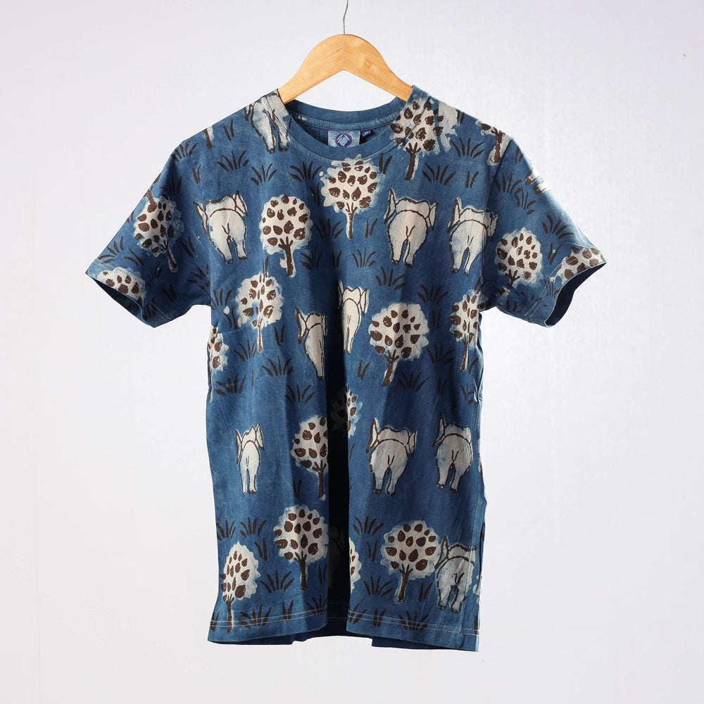 Bindaas Block Art Prints Natural Dyed Cotton Unisex Round Neck T-shirt