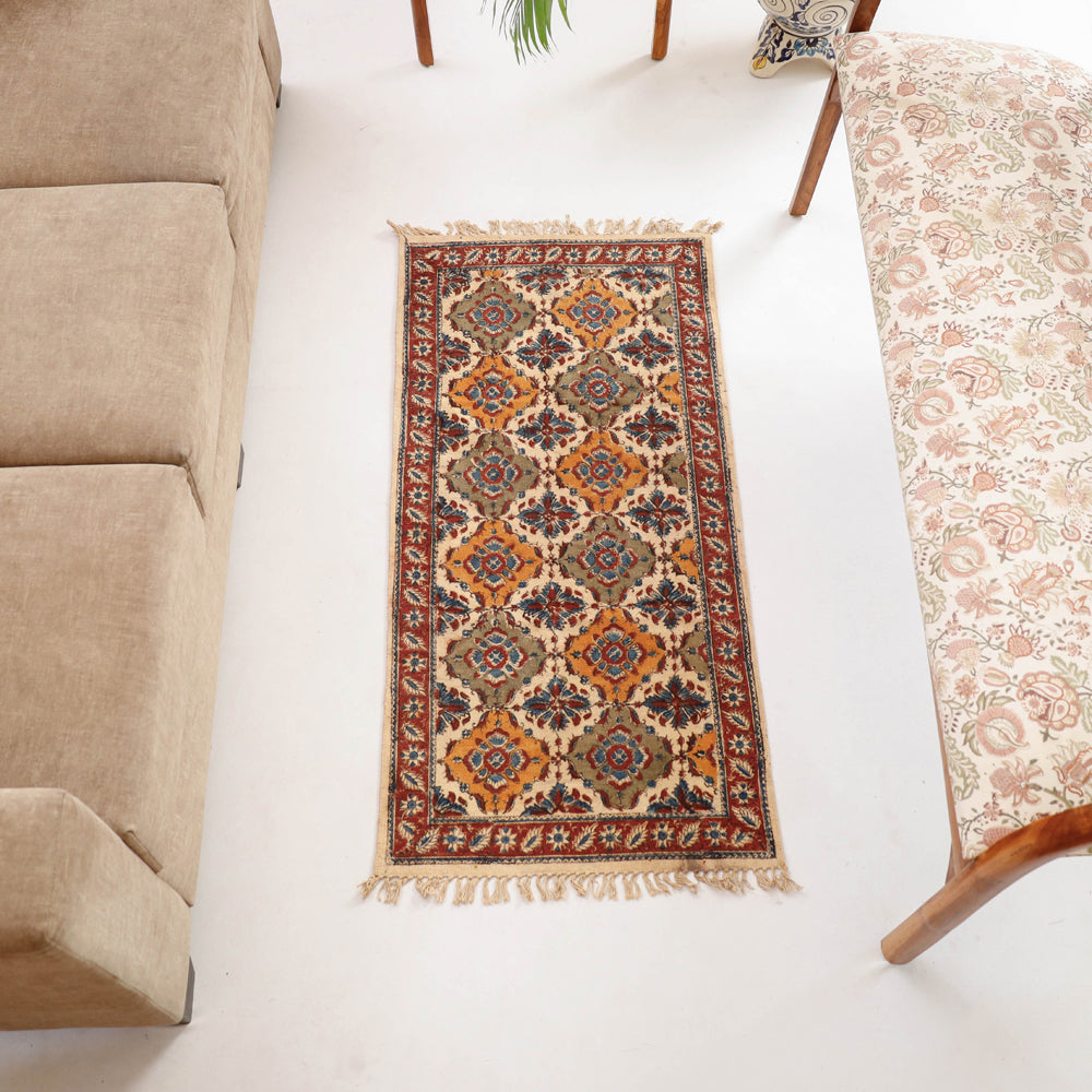 Warangal Weave Kalamkari Block Printed Cotton Durrie / Carpet / Rug (49 x 24 in)