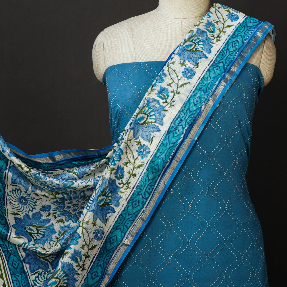Special Tagai Work Cotton Kurta Material with Sanganeri Print Chanderi Silk Dupatta